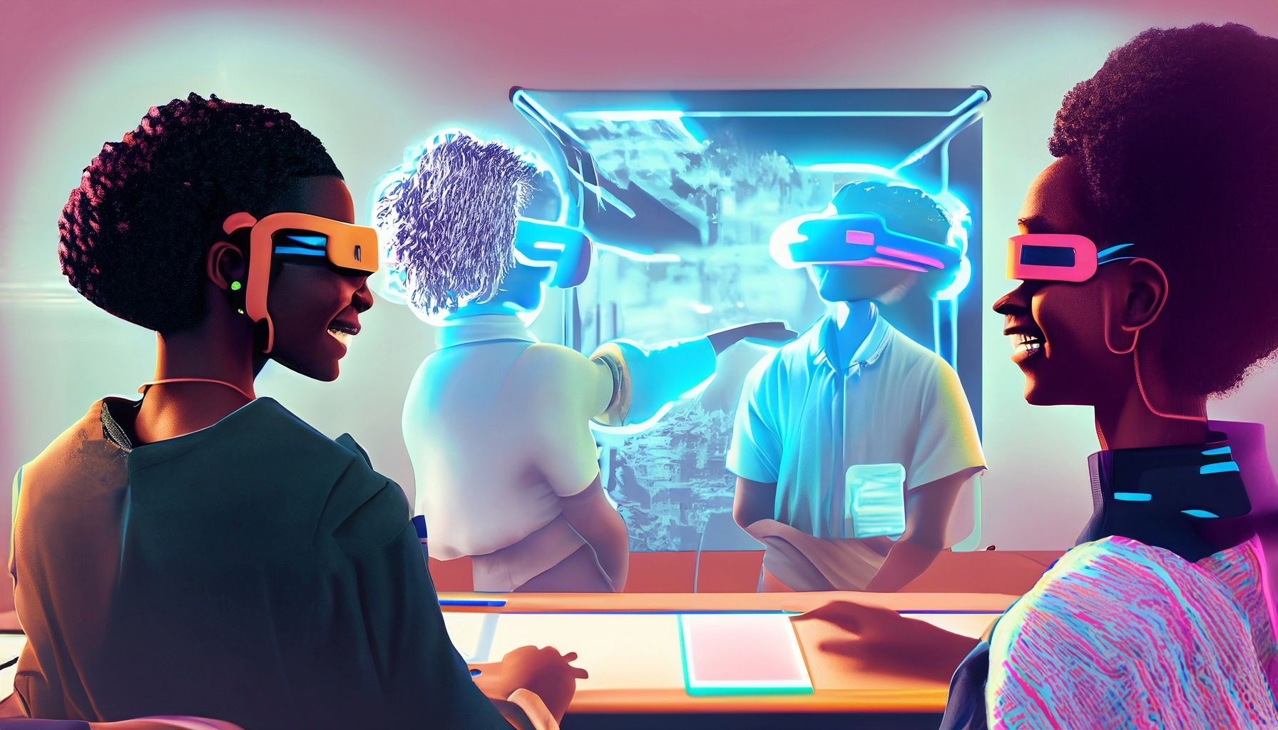 Apprenants communicant dans un Métavers avec un casque VR 